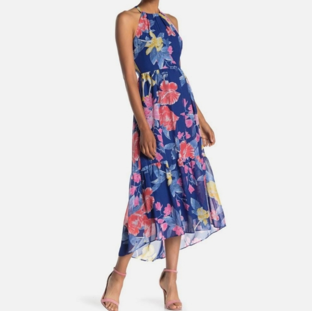 Vince Camuto floral high low blue Flowy fall midi maxi dress sz 4